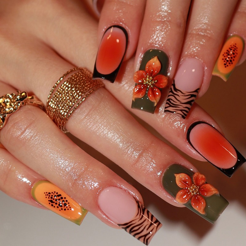 Nail Art Orange - 24 Adet Tropikal Orta Boy Kare