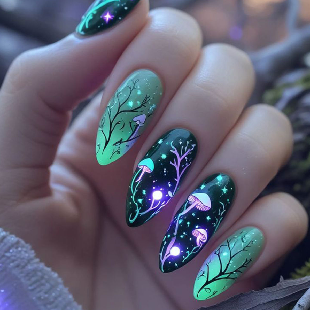 Nail Art Press On - Badem Şeklinde Takma Tırnaklar Mantar Desenli